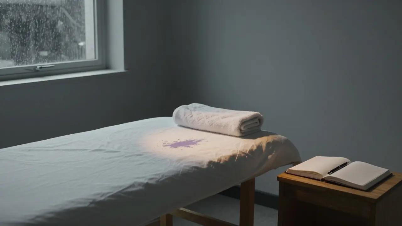 An empty massage room after a session, with a folded towel and open journal, rain falling outside the window.