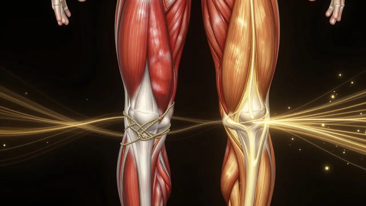 Anatomical illustration showing inflamed muscle fibers transforming into smooth tissue with flowing blood and oxygen after massage.