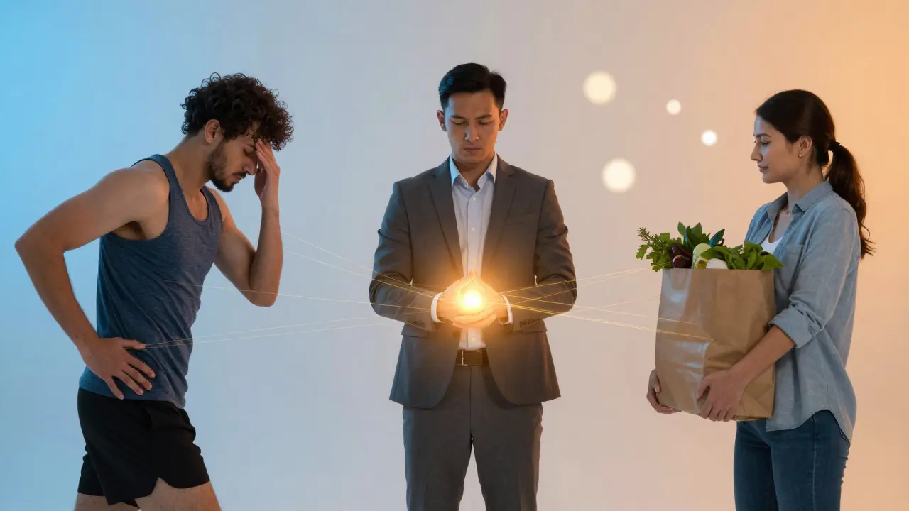 Diverse individuals connected by golden threads from tense muscles to a glowing hand, symbolizing massage-induced recovery.