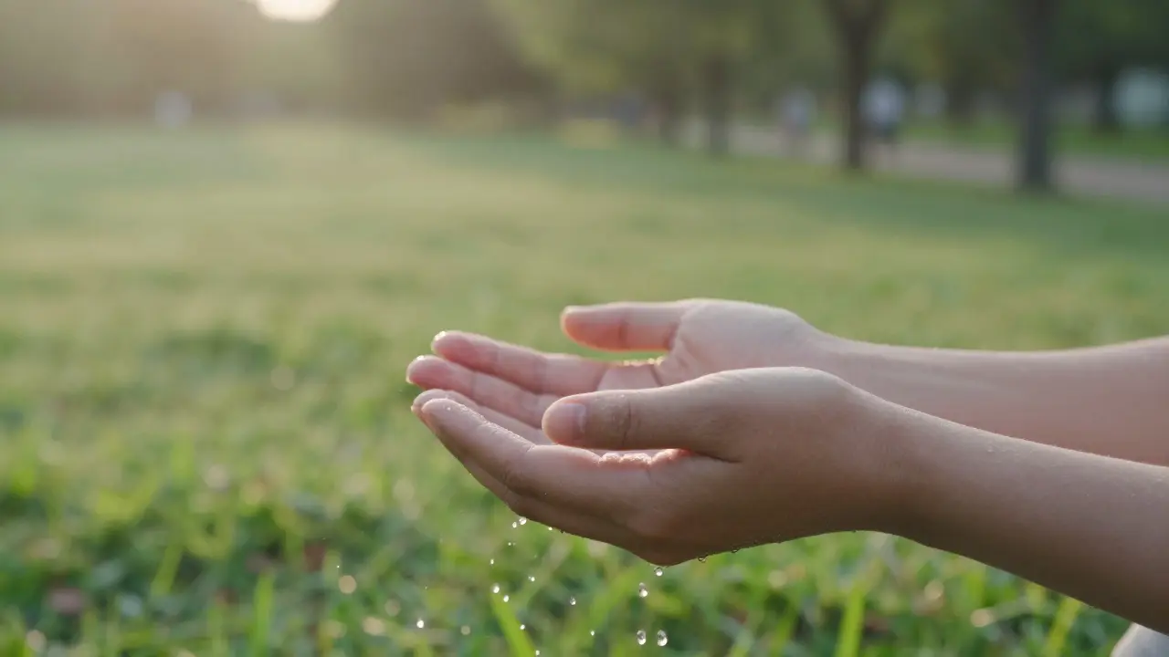 Hands gently shaking as if flicking water off them, set against a dewy grassy lawn at sunrise.