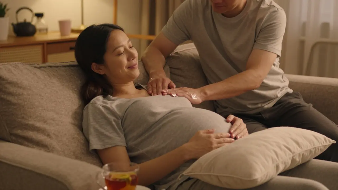 Partner giving shoulder massage to pregnant woman in a cozy home setting.