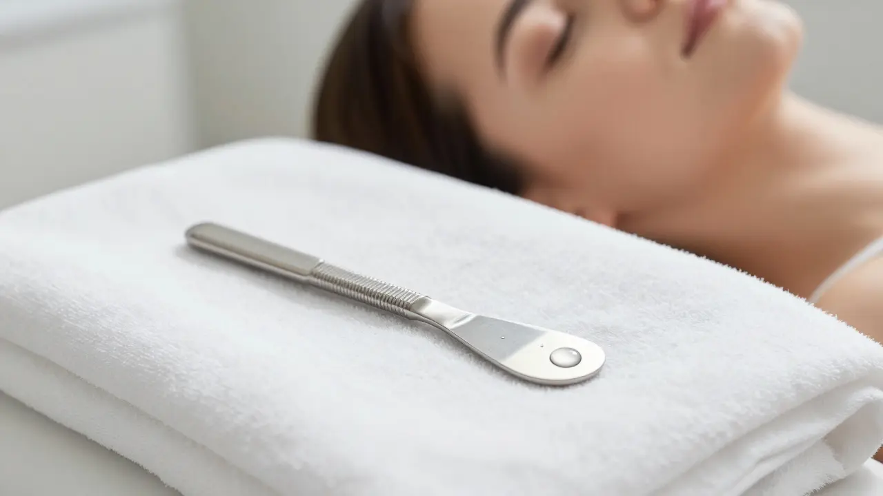 Sterilized therapeutic blade resting on cloth with condensation, symbolizing calm, precise therapy.