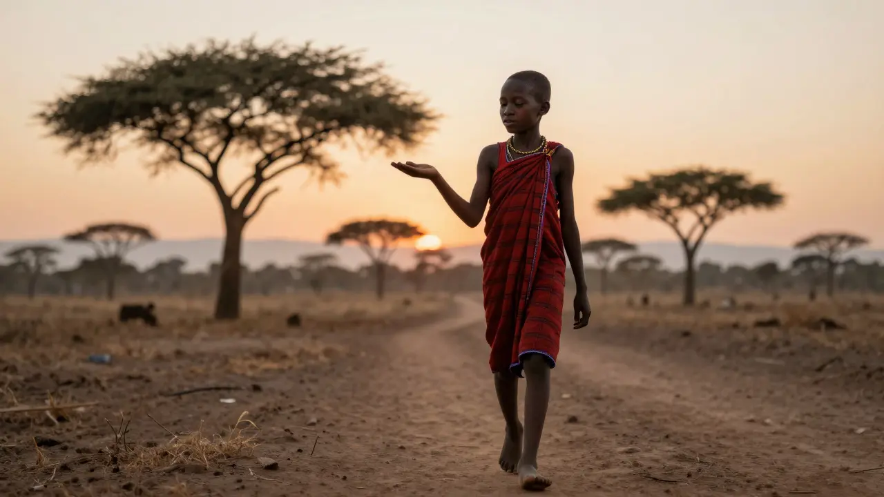 A young boy balances a small rungu on his palm while walking down a village path.