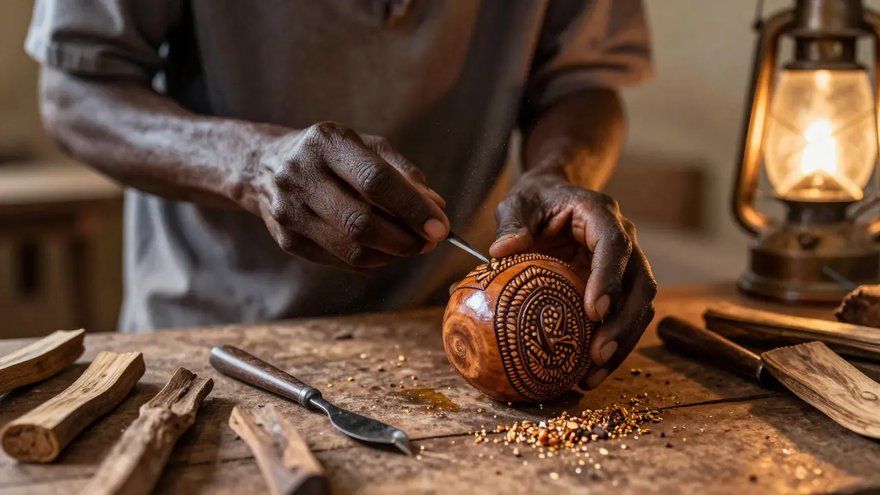 An artisan hand-carves a rungu using traditional tools in a wooden workshop.