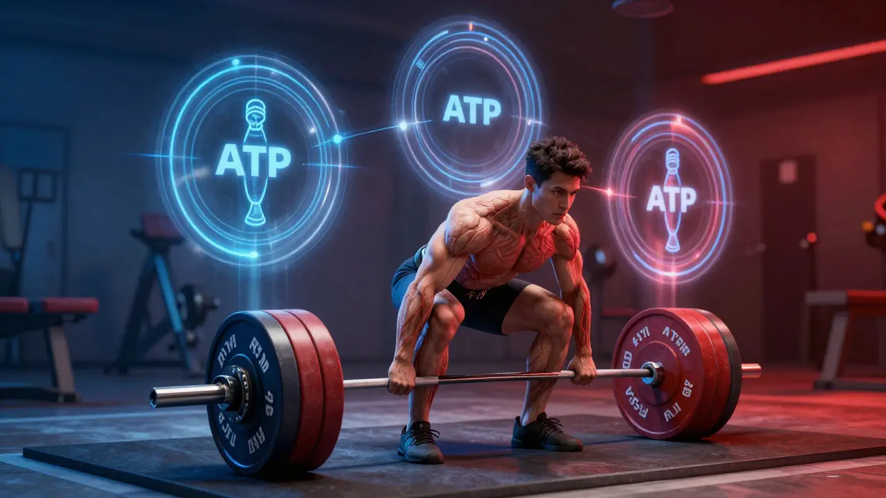 Athlete lifting a heavy barbell with glowing ATP regeneration cycles surrounding their body.