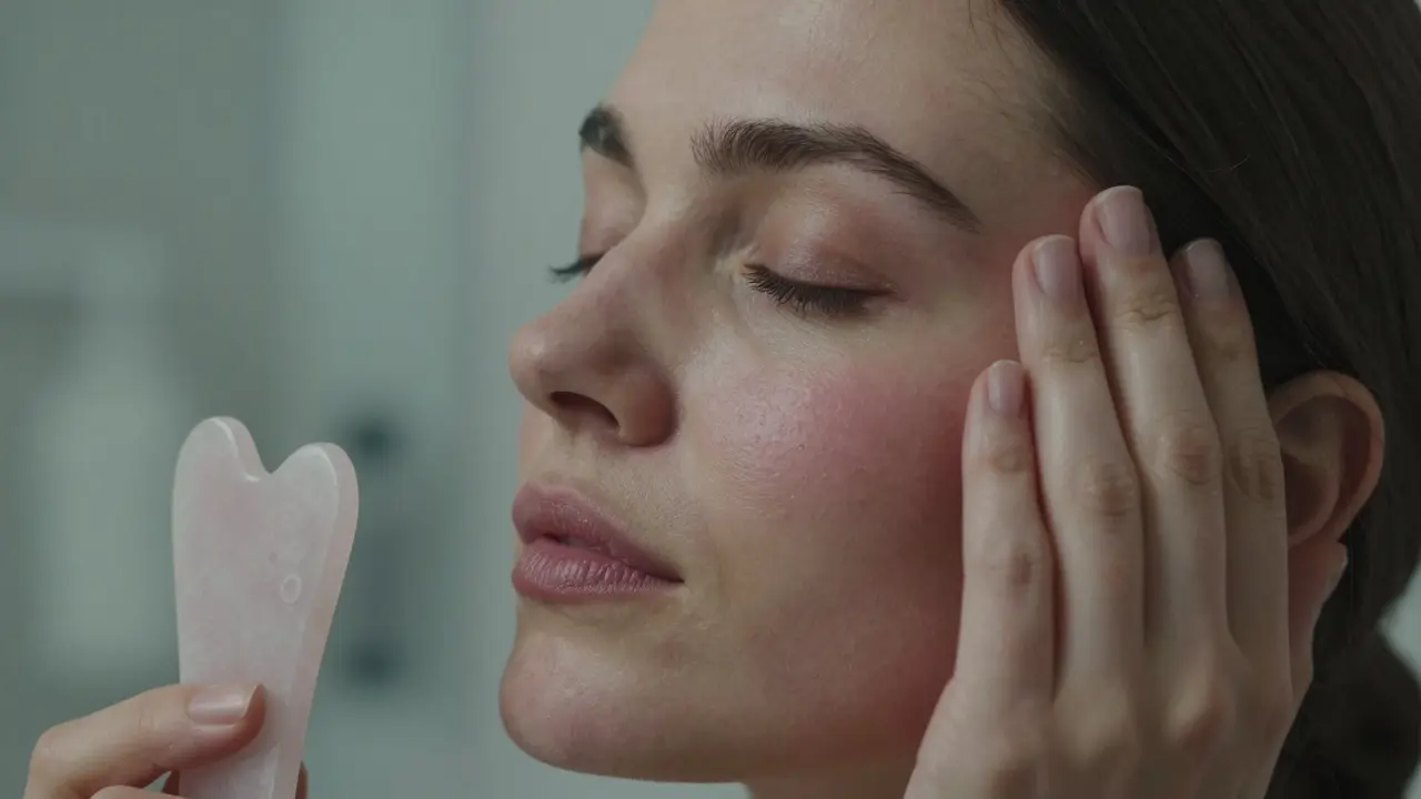 Close-up of glowing skin with faint redness after a gentle gua sha session.