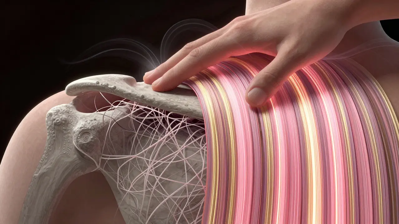 Microscopic view of tangled muscle fibres being realigned by manual cross fibre release technique.