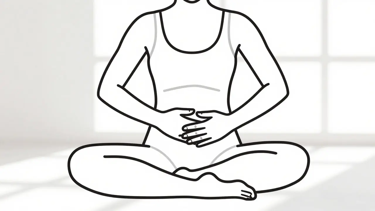 Person sitting with hands on abdomen, deep breathing in sunlight.