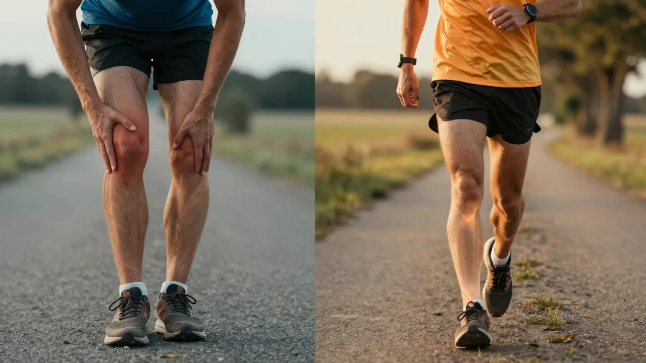 Split image: left shows a runner in pain, right shows the same runner running freely with glowing fascia lines indicating improved mobility.
