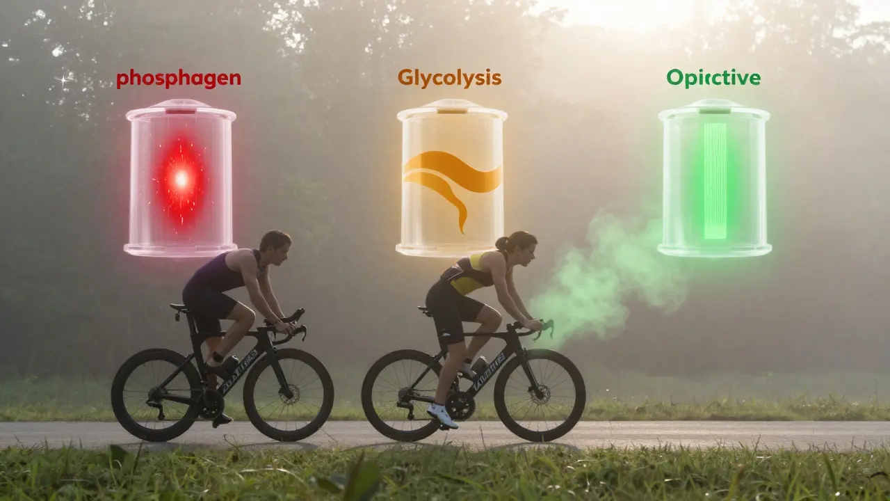Triathlete with three transparent energy systems glowing around them during combined endurance and sprint effort.