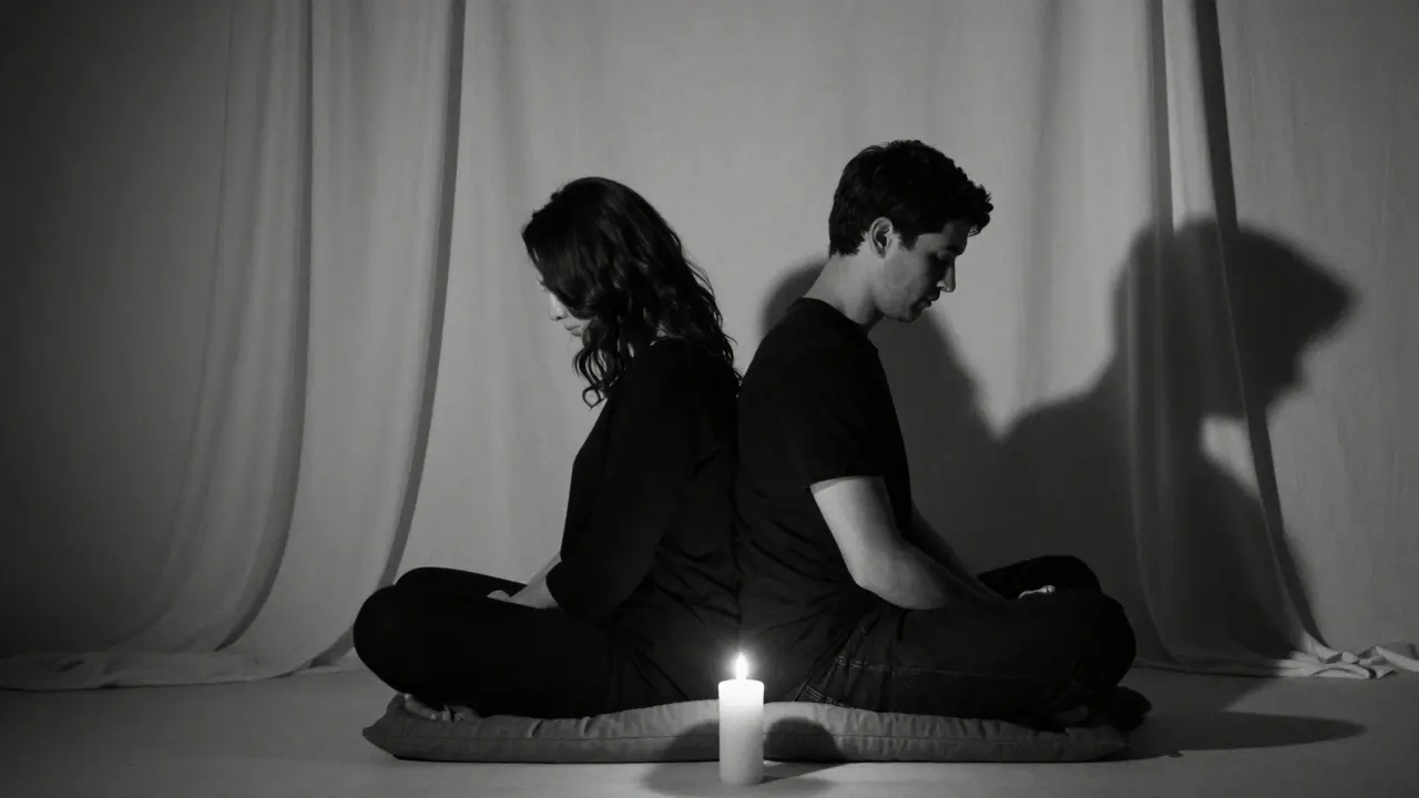 A couple sitting back-to-back in quiet stillness, hands clasped, a candle glowing between them in soft shadow.