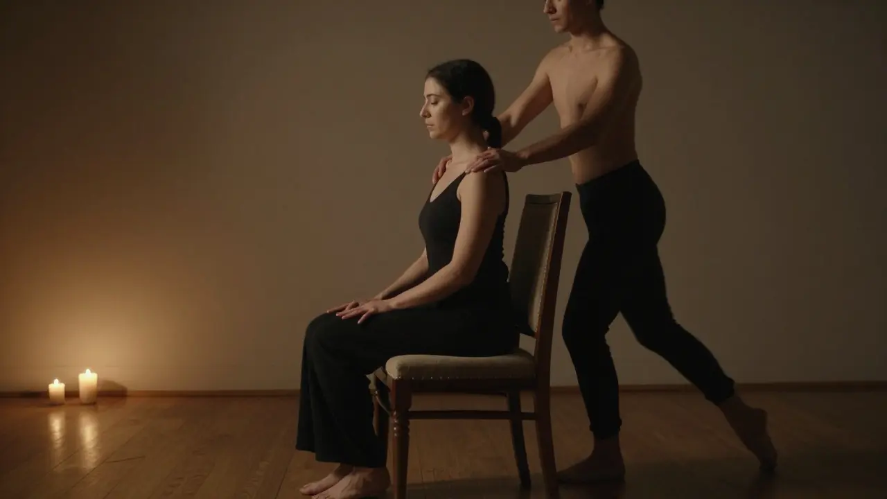 A dancer moves gently around a fully clothed client in a quiet, non-sexual, rhythm-based connection.