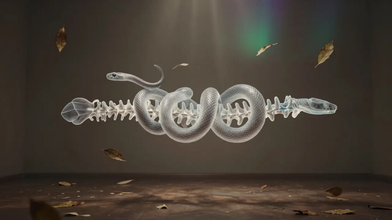 A glowing snake coiled around a human spine, symbolizing the connection between nature and wellness.