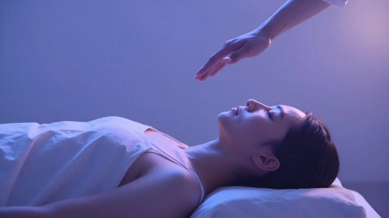 A person resting peacefully with hands on chest as a practitioner hovers above, suggesting calming energy and deep relaxation.