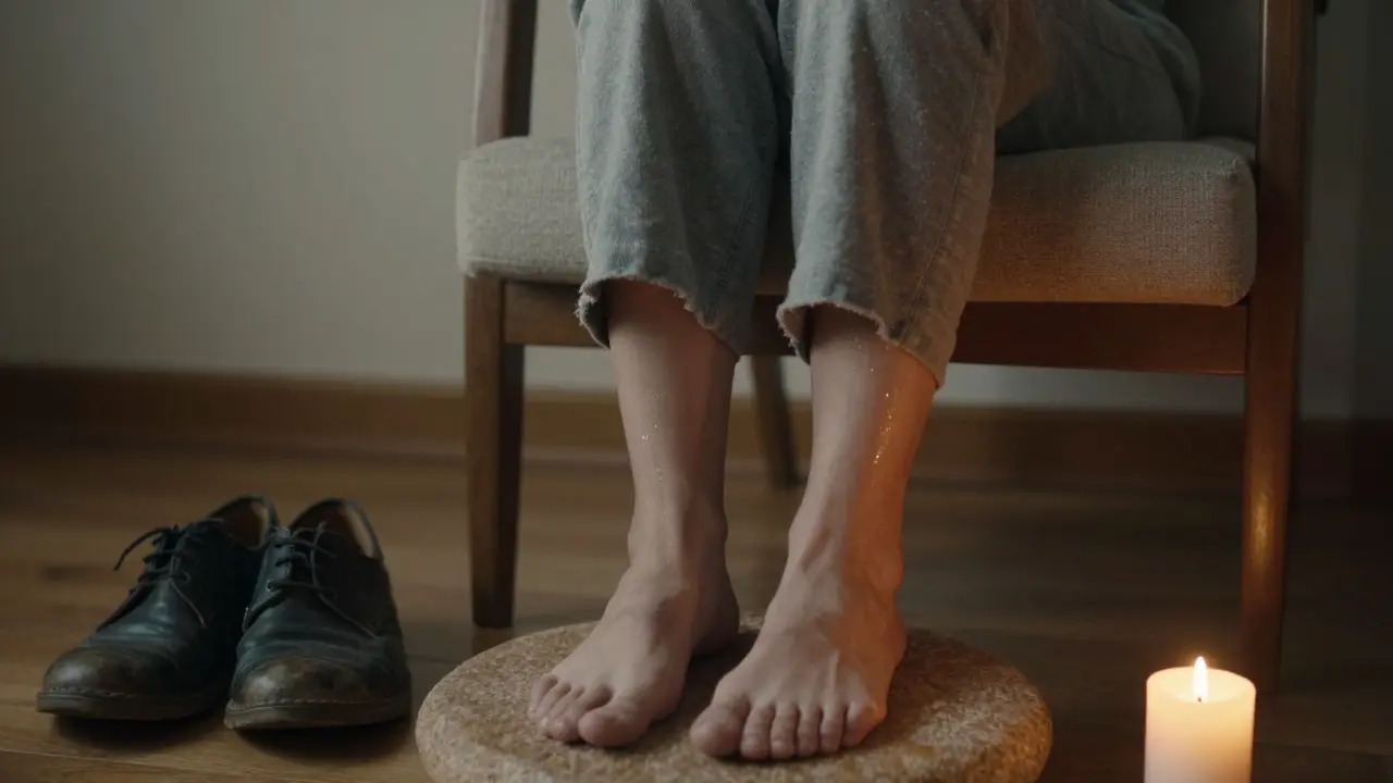 A person sitting peacefully after a foot massage, tears of emotional release in candlelight.