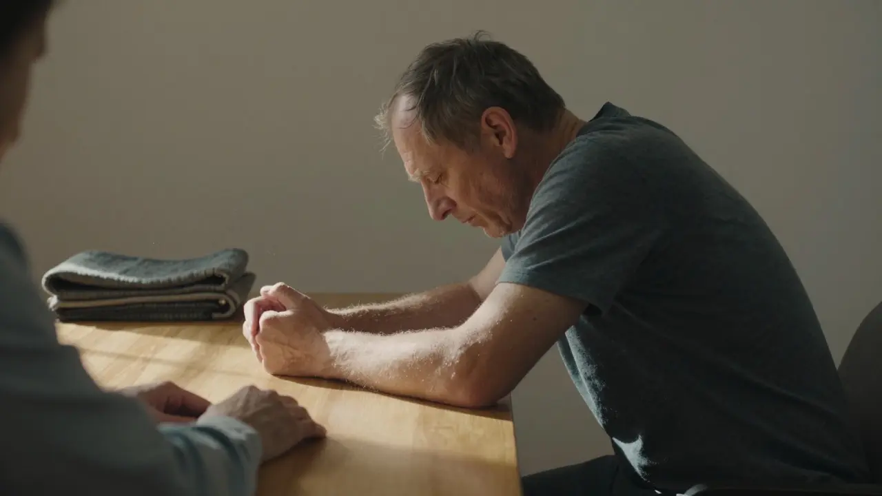 A veteran leaning into the space beside a therapist’s hand, showing gradual trust after years of avoiding touch.
