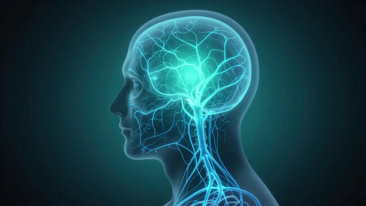 Abstract glowing head silhouette with neural paths