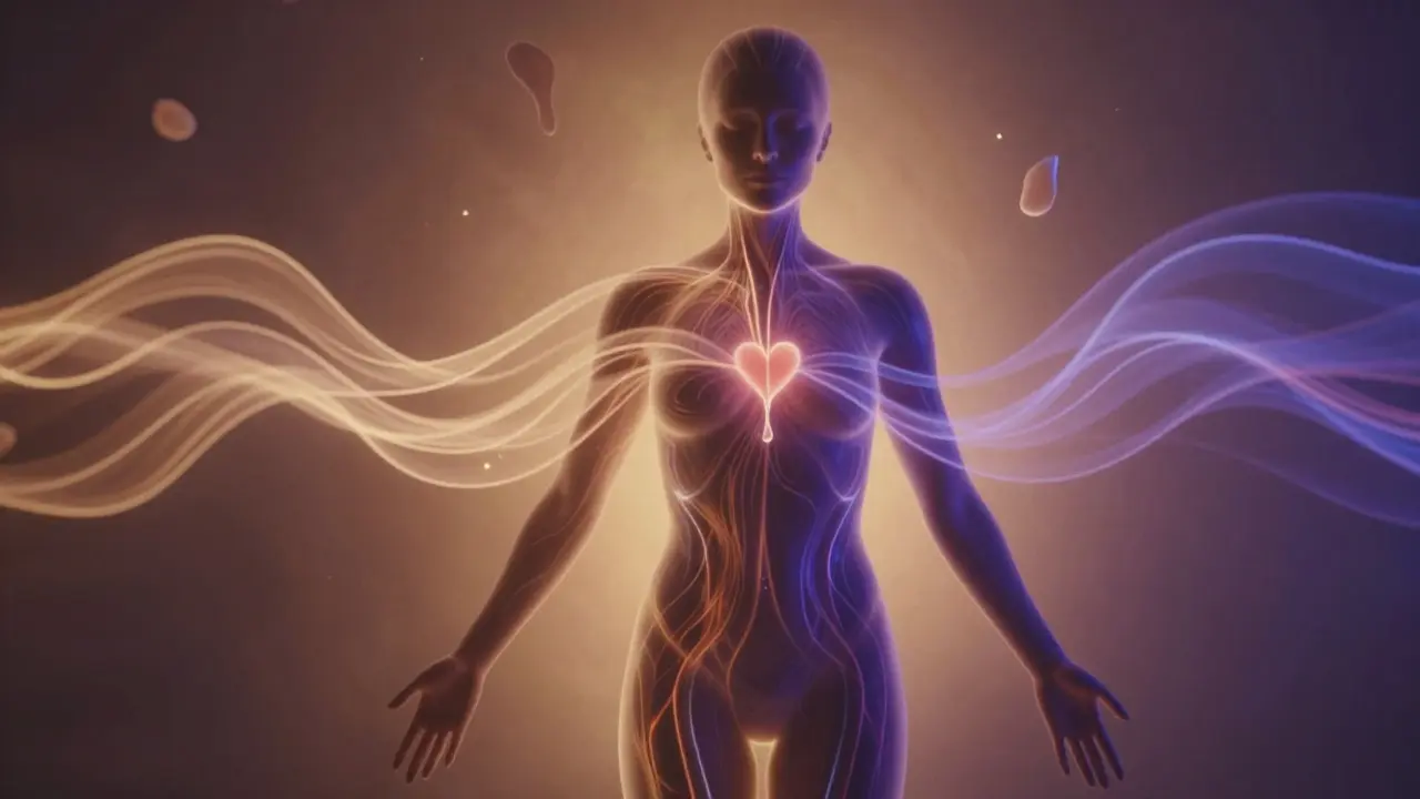 An abstract visualization of calm energy flowing through the body, symbolizing emotional release and presence.