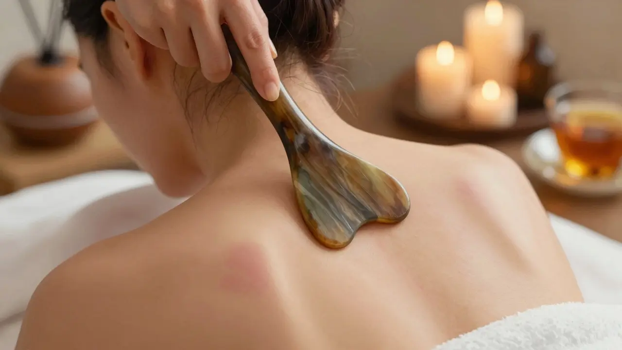 Buffalo horn gua sha tool gliding down a woman's neck, subtle redness from increased circulation.