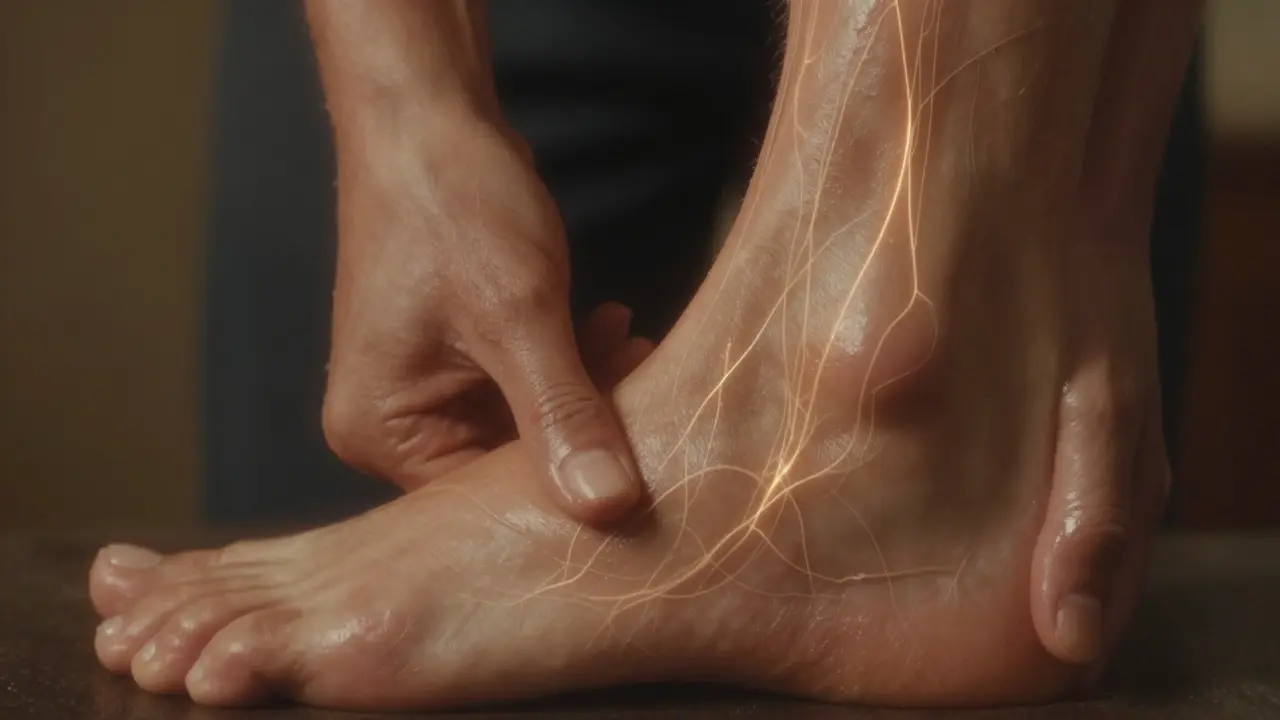 Close-up of a foot being gently massaged with oil, highlighting tactile sensation and nerve pathways.