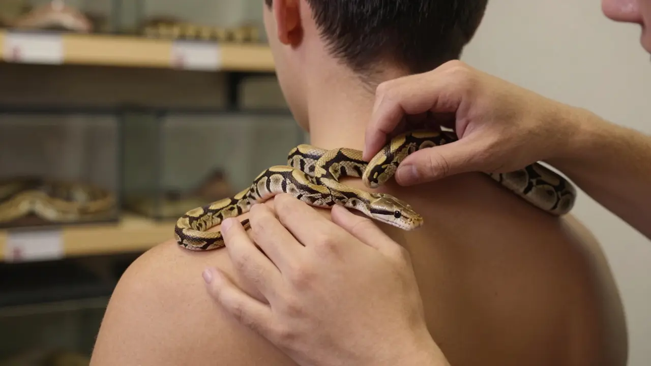 Hands gently placing two ball pythons on a client’s shoulders during a snake massage session.