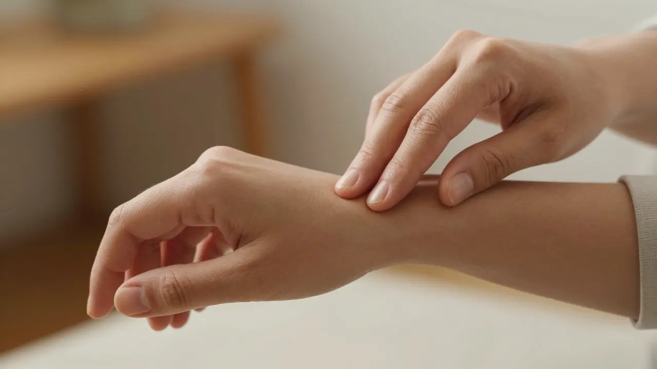 Hands pressing acupressure point on inner wrist for stress relief