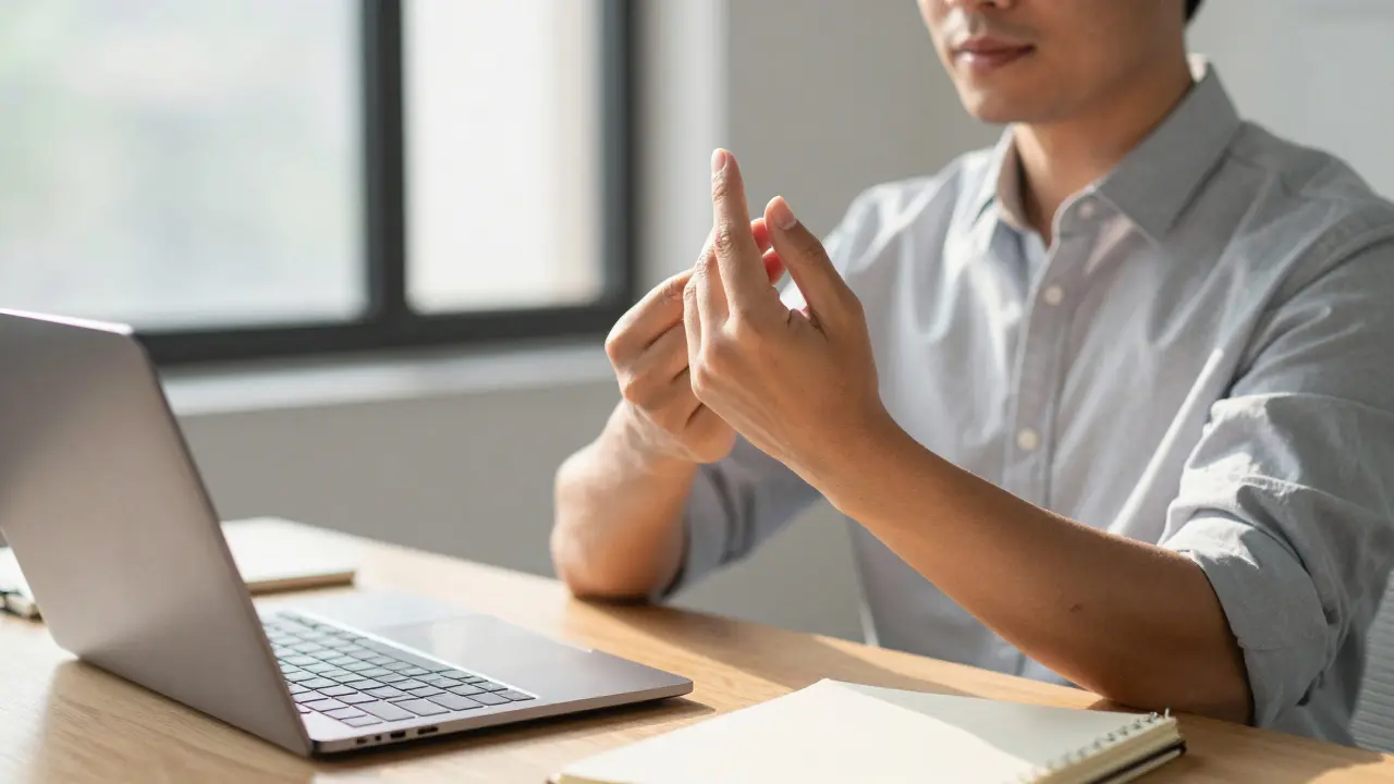 Office worker doing self-acupressure during workday break