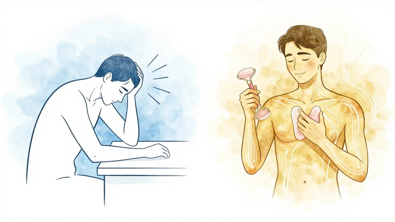 Split image: stressed person at desk vs. same person relaxed after gua sha, energy flowing from tension to calm.