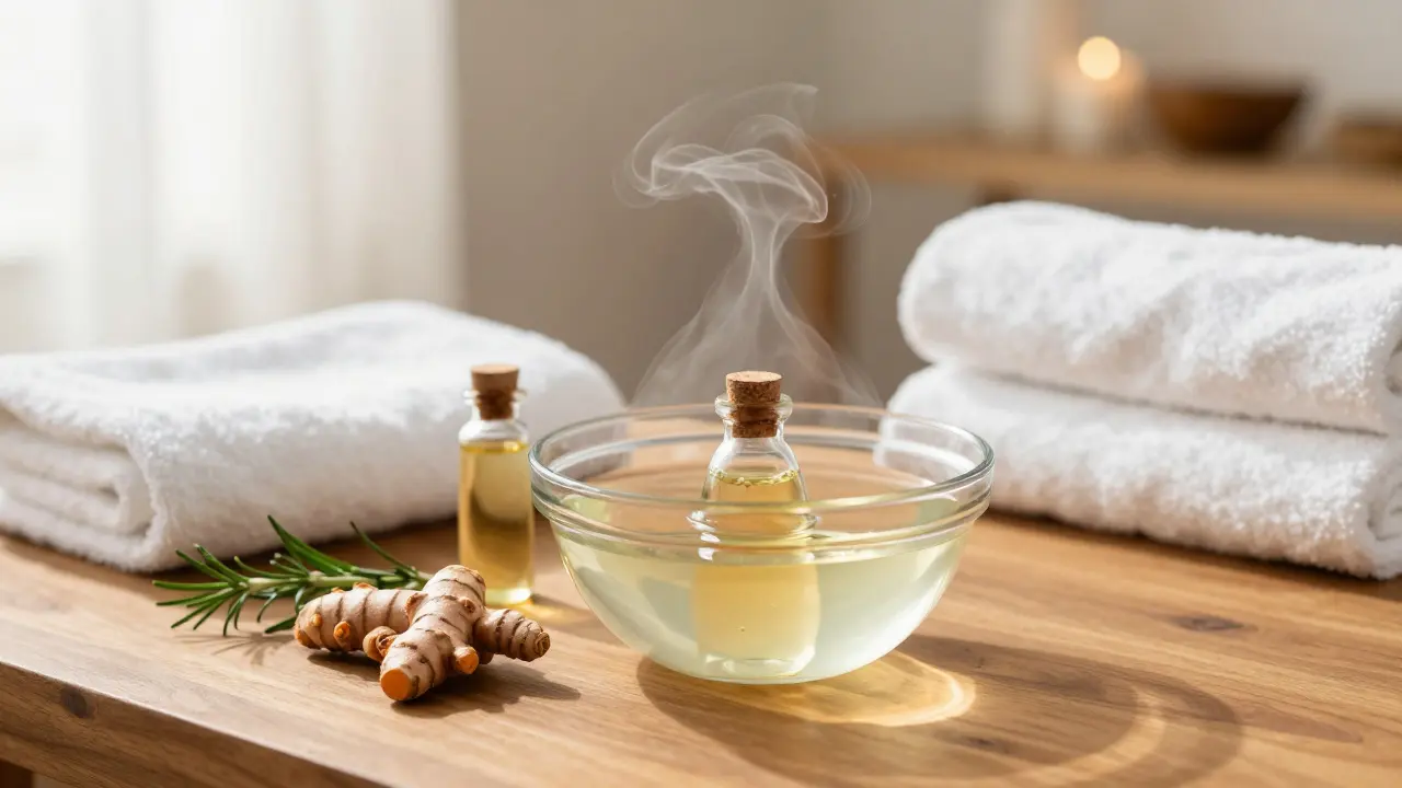 A bottle of herbal oil warming in a bowl of water for a home Ayurvedic ritual.