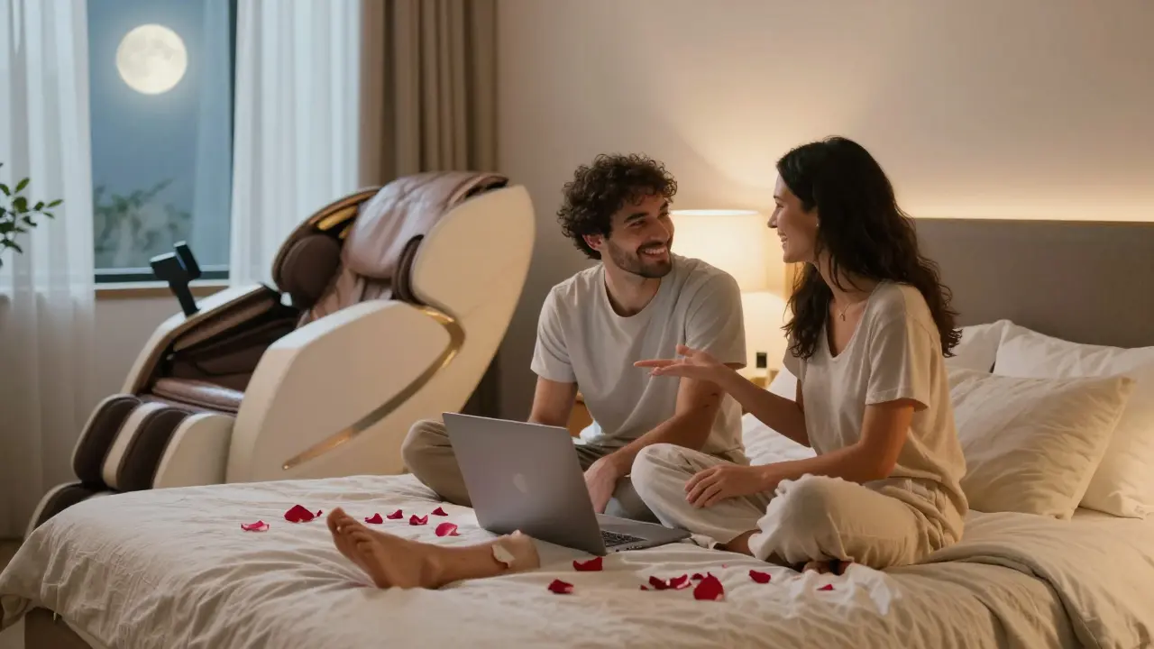 A couple talking intimately in a serene bedroom with a modern massage chair in the background.