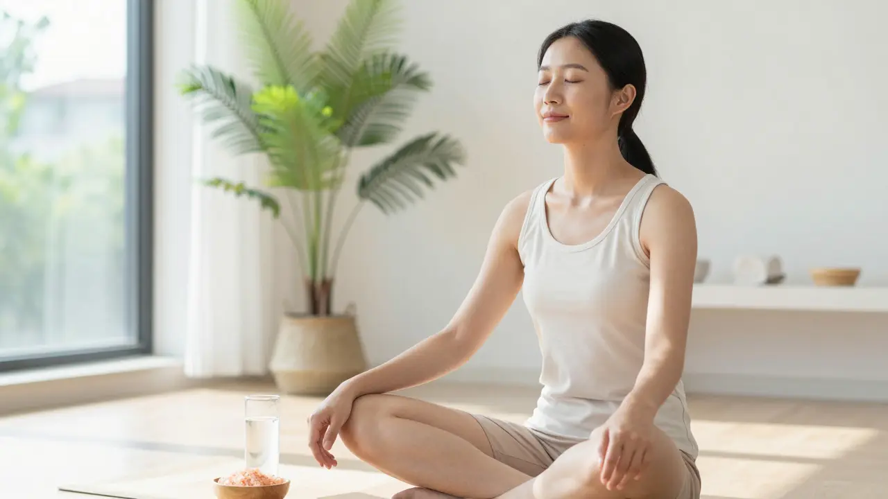 A peaceful person hydrating in a bright room after a holistic healing session