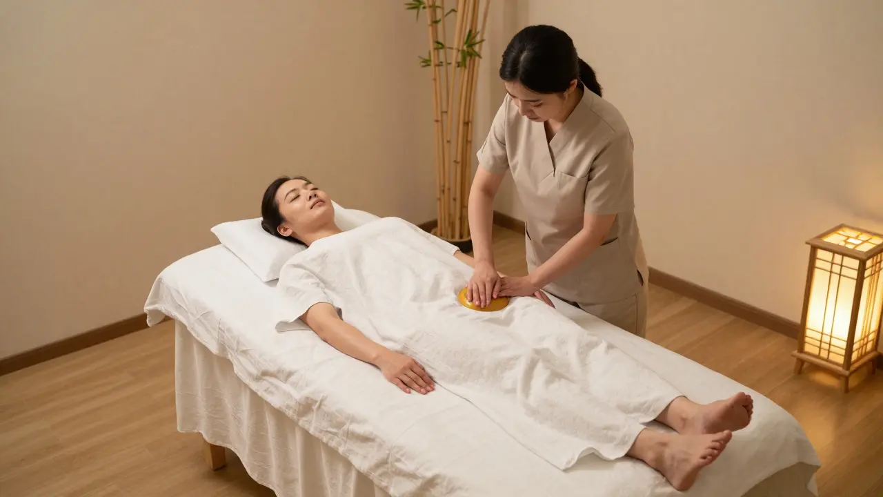 A peaceful wellness room where a practitioner performs a fire massage therapy