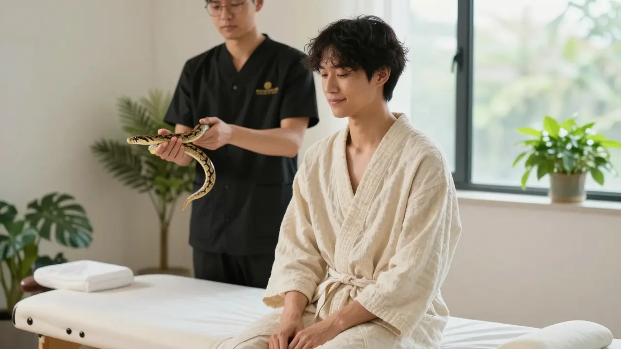 A relaxed person in a linen robe after a snake massage session in a bright, holistic studio