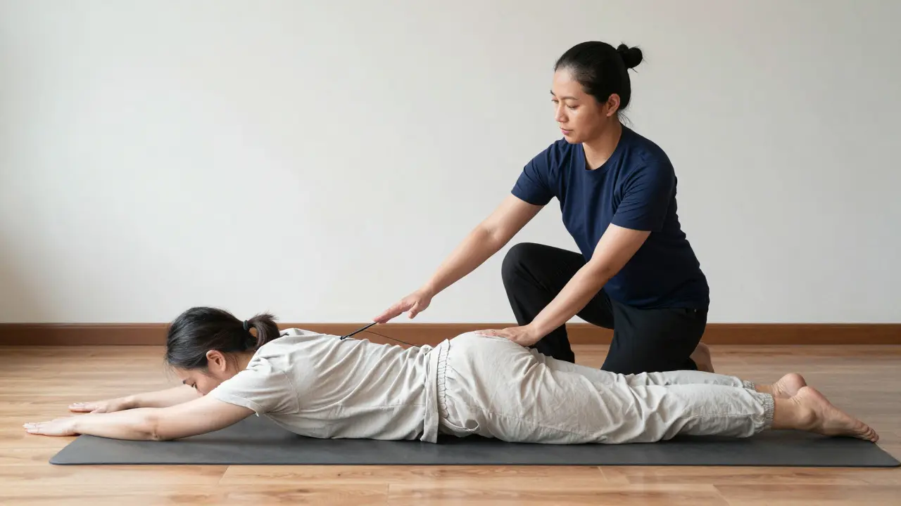A therapist performing a deep assisted yoga stretch on a client during a Thai massage.