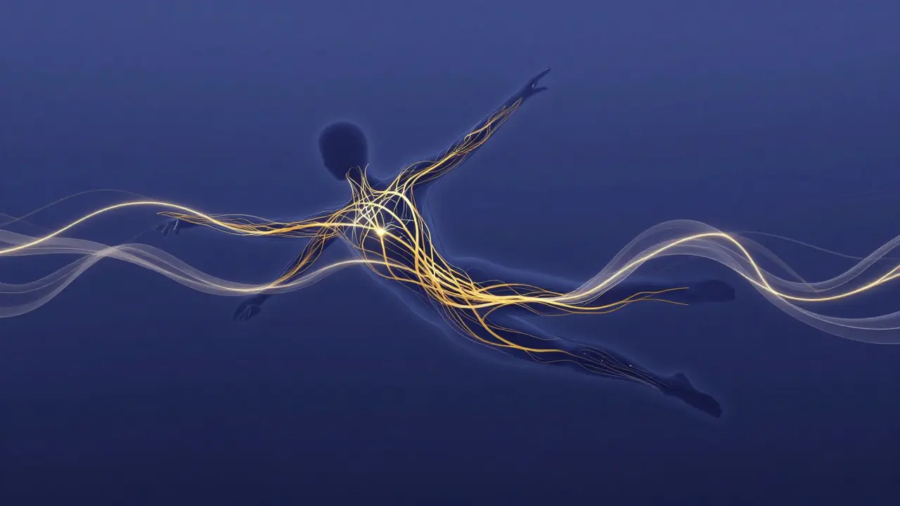 Abstract representation of a human silhouette with golden neural pathways transforming into fluid ribbons.