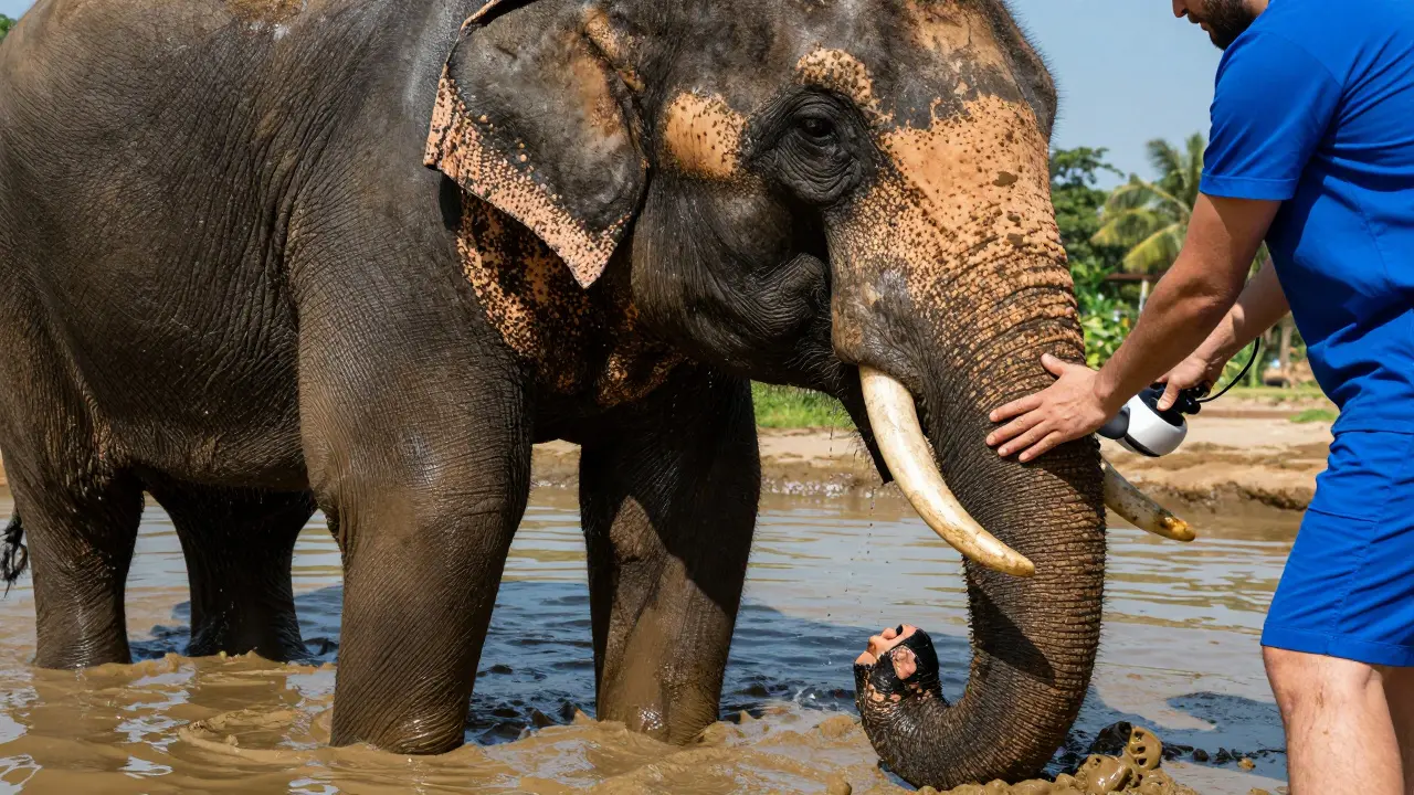 An elephant in a mud bath receiving a combination of manual massage and vibration therapy.