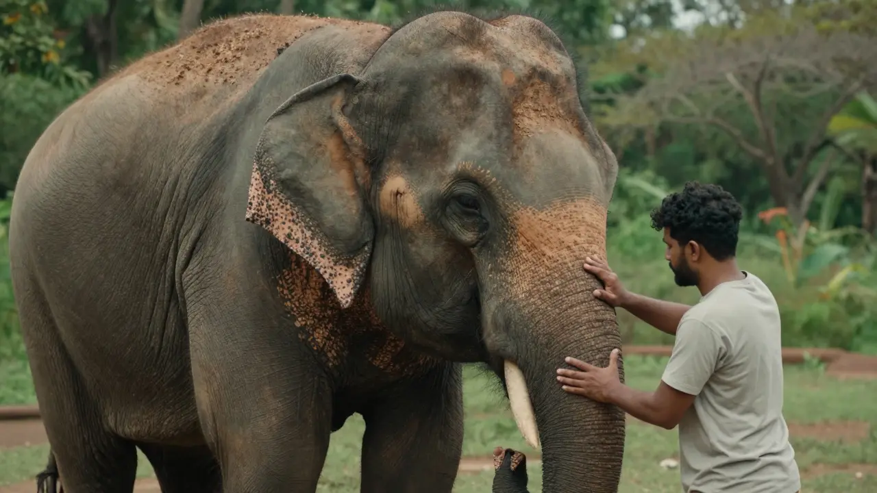 An elephant leaning trustingly against a keeper receiving a sweeping leg massage for joint relief.