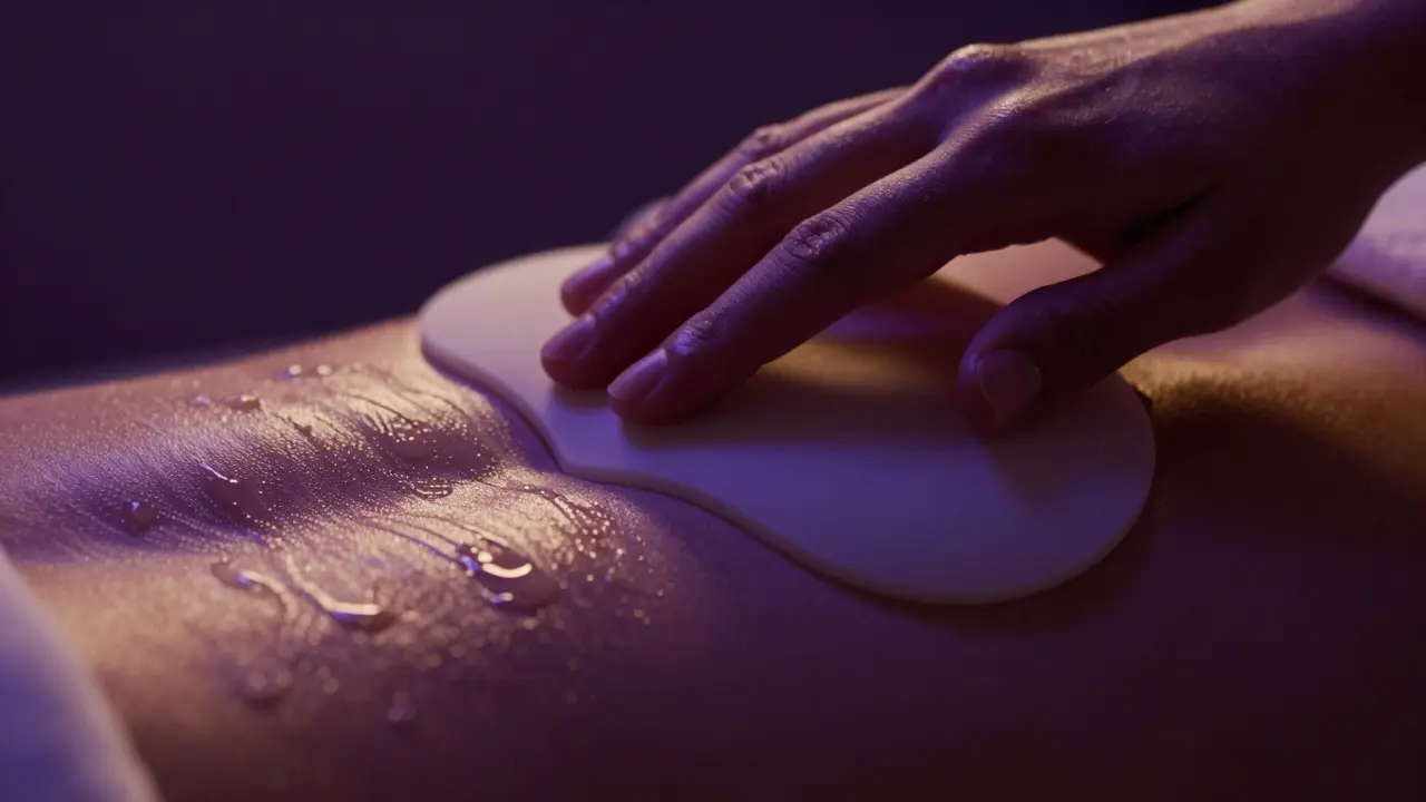 Close-up of a silicone massage device on skin with warm lighting, highlighting sensory pleasure.