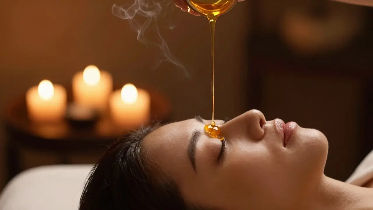 Close-up of warm oil pouring on the forehead during a Shirodhara treatment.