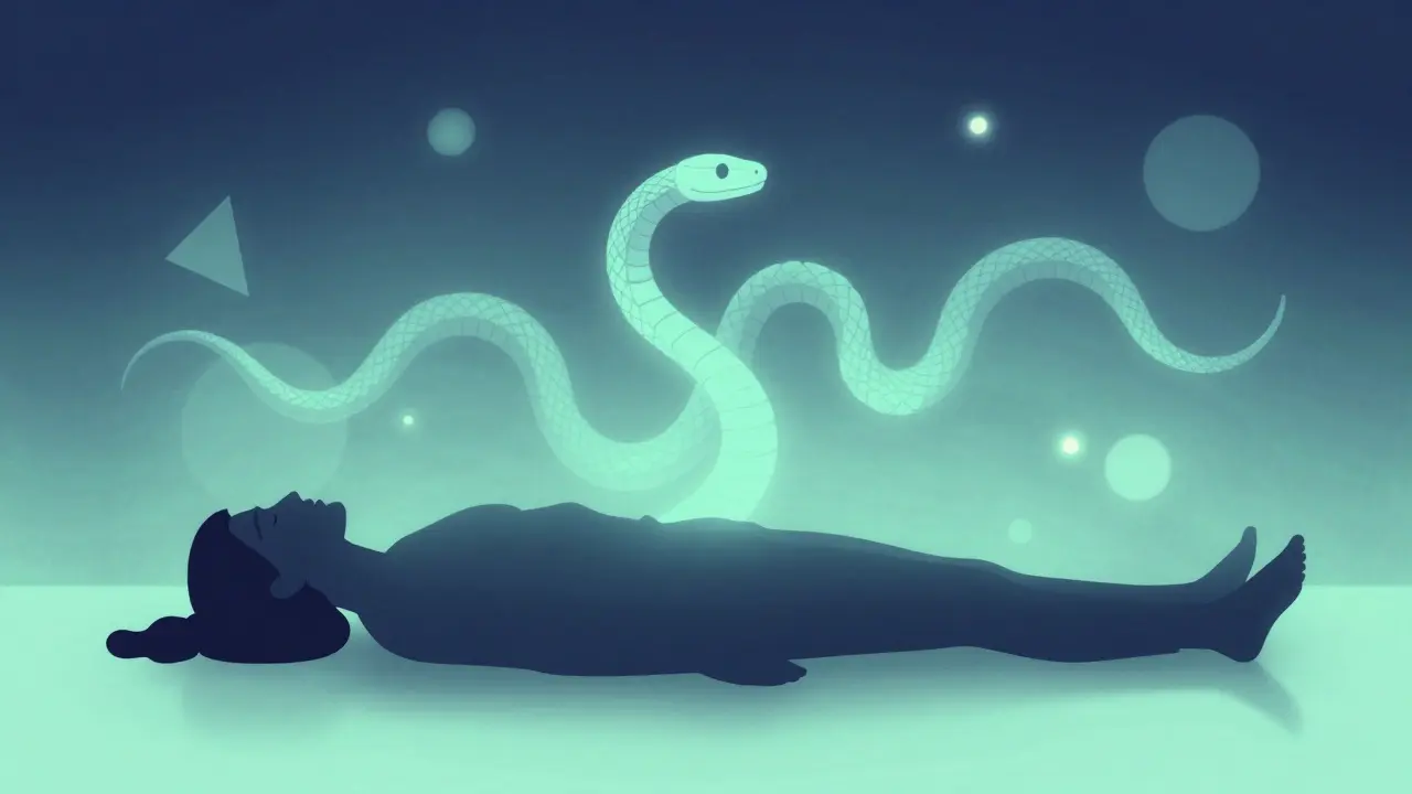 Conceptual art of a person experiencing mental calm through the rhythmic movement of a snake