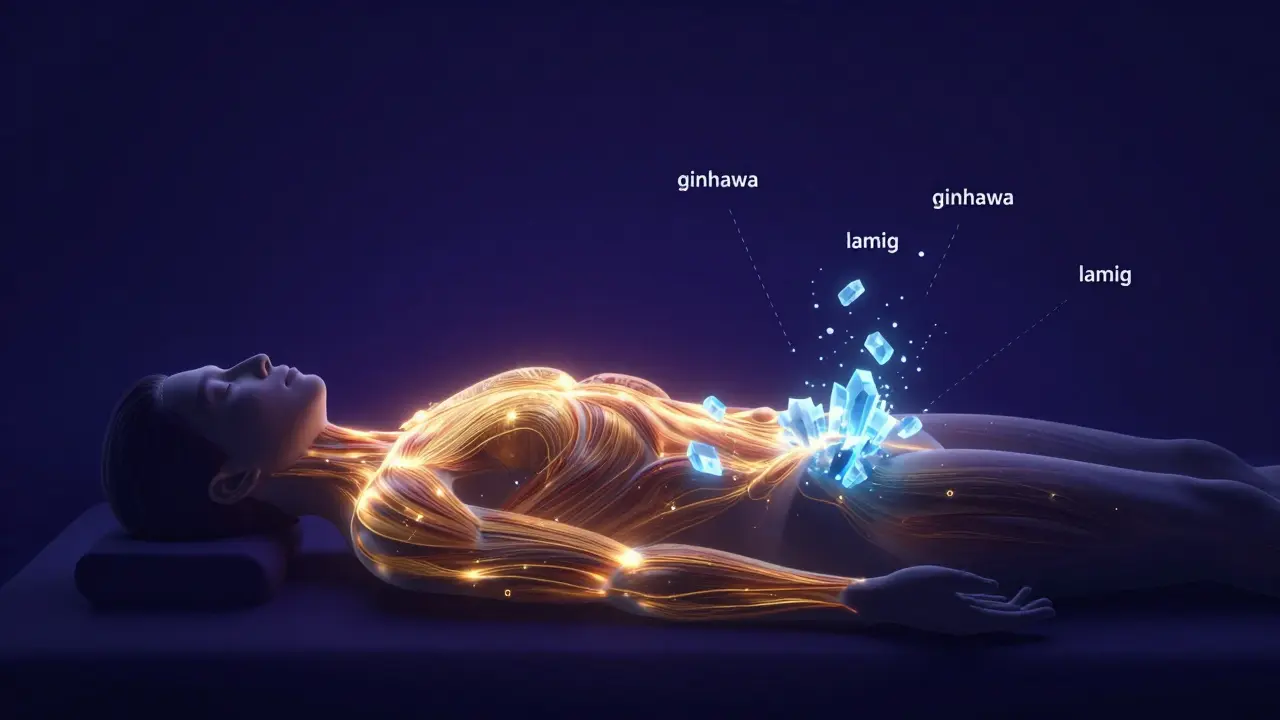 Conceptual art showing golden energy flow clearing blue blockages in a human silhouette