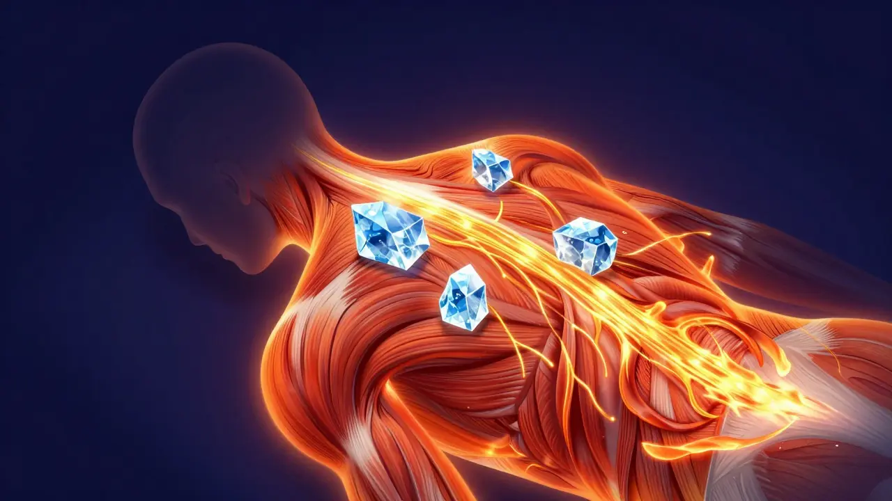 Conceptual art showing heat waves breaking cold energy blockages in a body