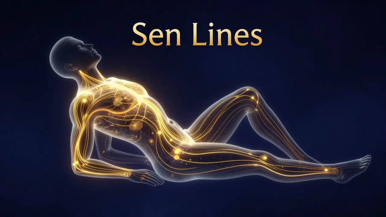 Conceptual illustration of golden energy Sen lines flowing through a human silhouette.