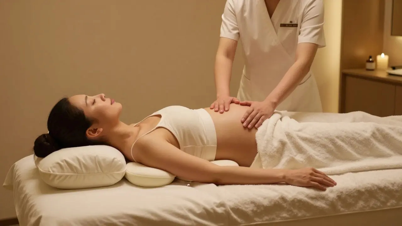 Pregnant woman resting in a safe side-lying position with supportive pillows on a massage table