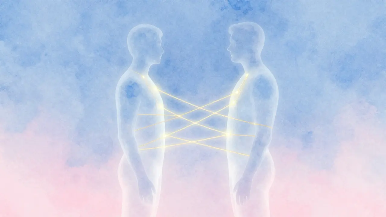Abstract art of two figures connected by golden threads