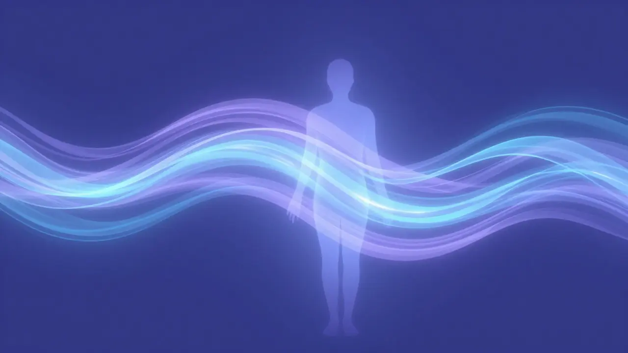 Abstract art showing flowing light ribbons over human silhouette