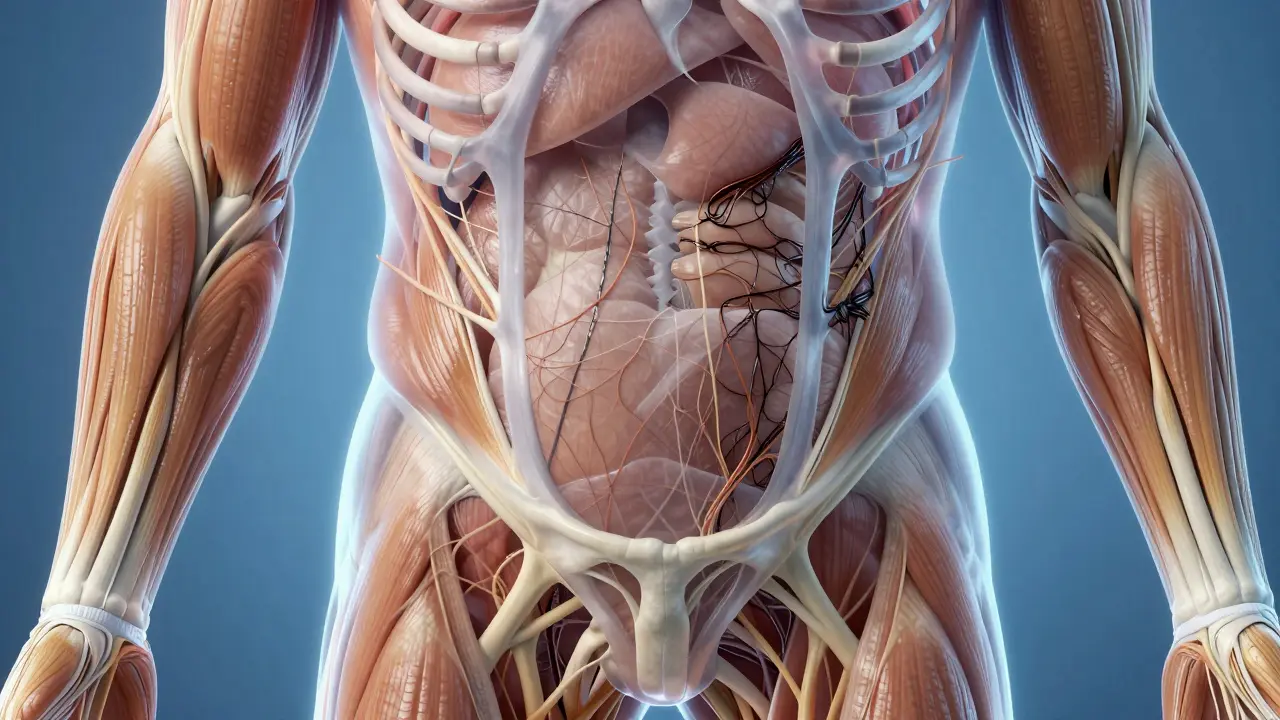 Anatomical illustration of healthy versus dehydrated, sticky fascia connective tissue layers.