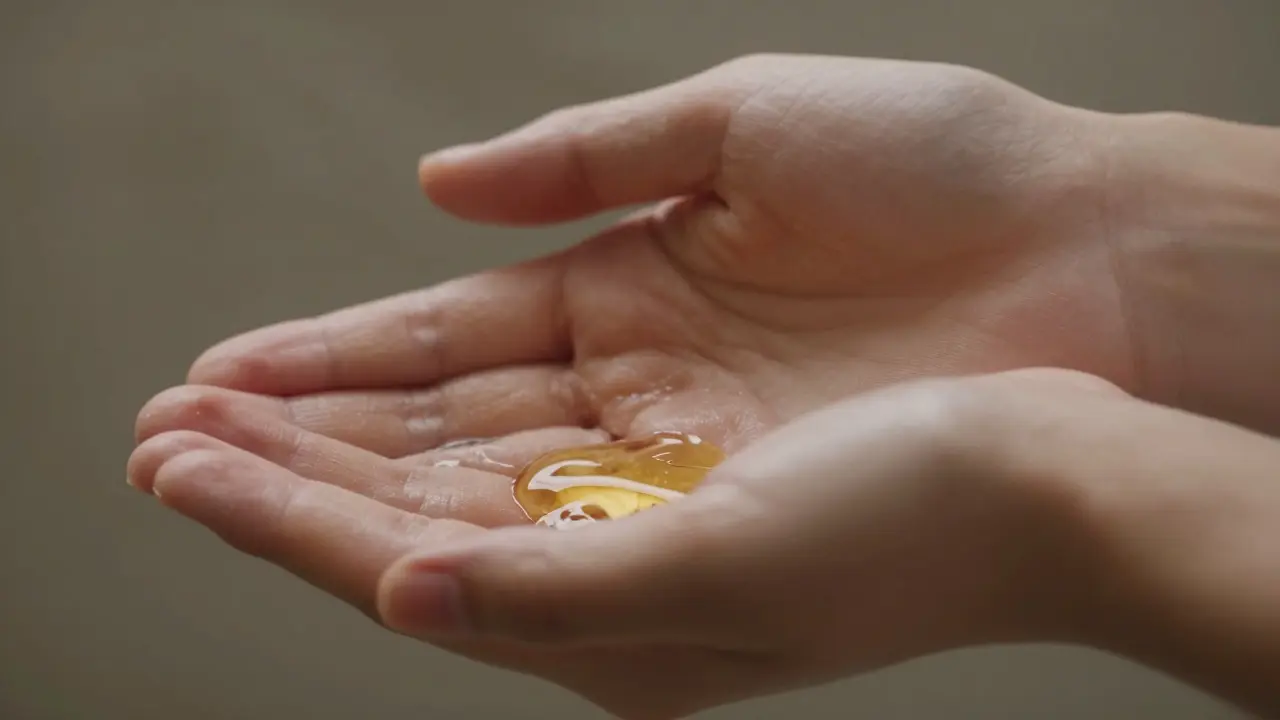 Close-up of hands warming massage oil, highlighting texture and gentle touch.