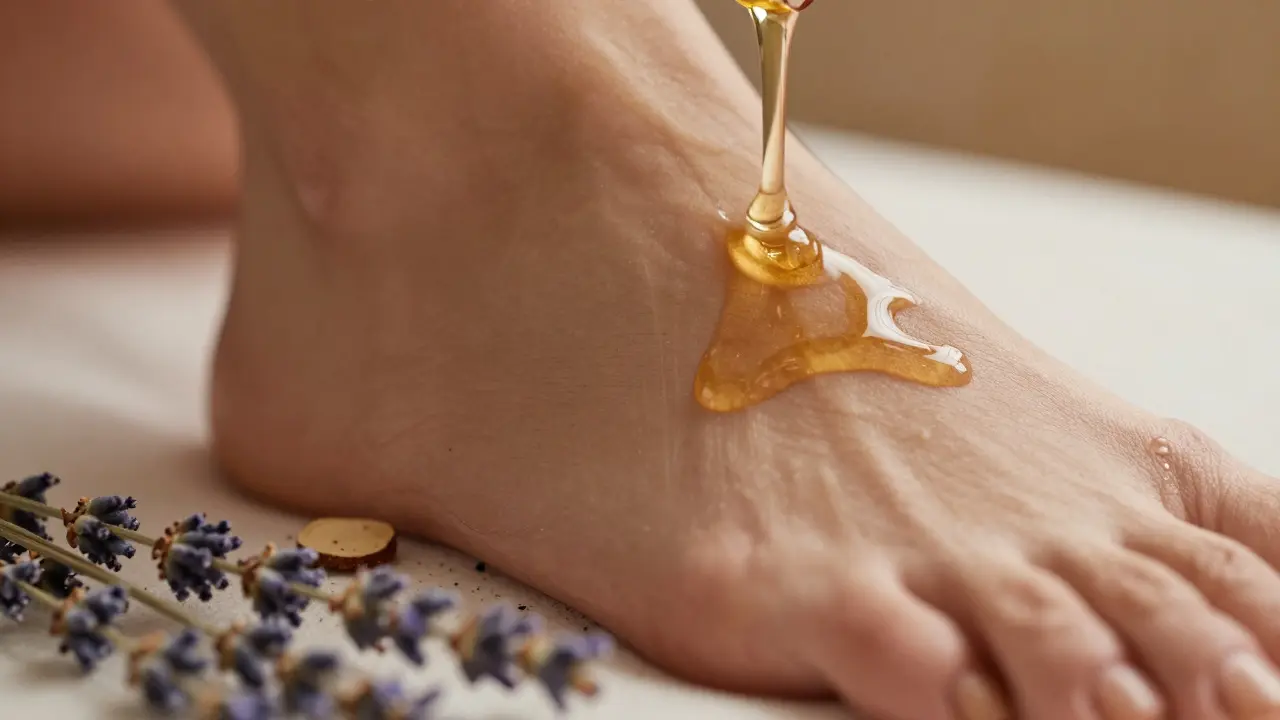 Close-up of massage oil pouring onto a foot with lavender and sandalwood