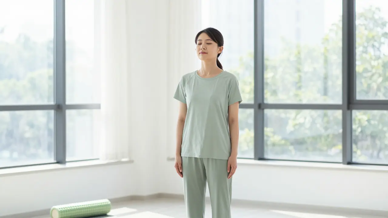 Confident person standing tall with perfect posture in a sunlit wellness studio.